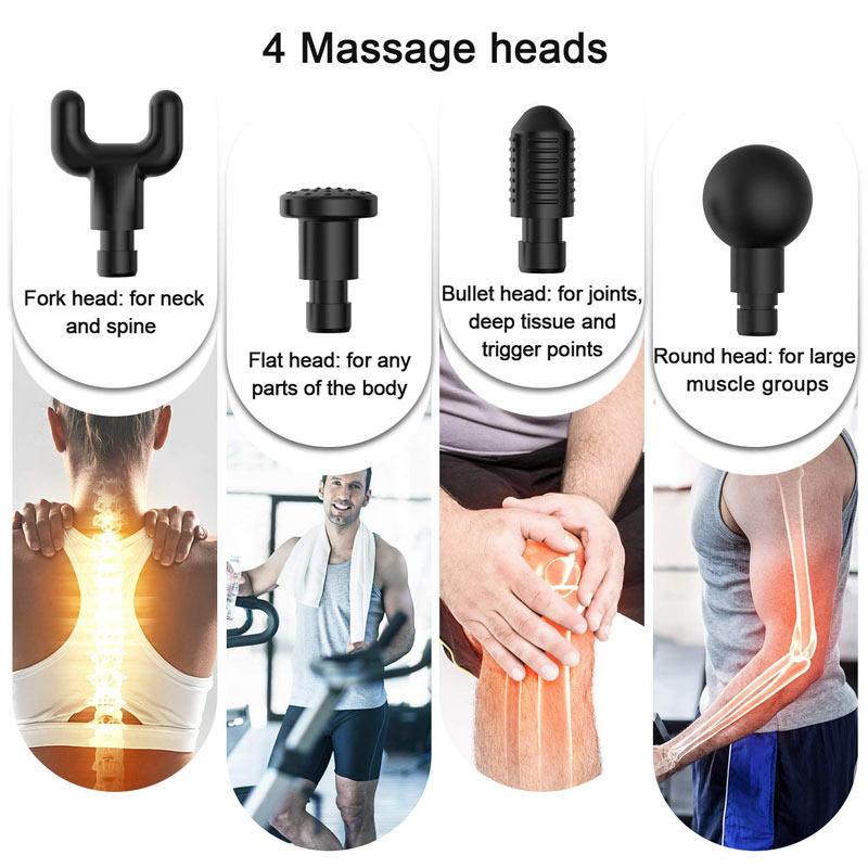 Massage tool with four different heads for neck, spine, joints, deep tissue, trigger points, and large muscle groups.