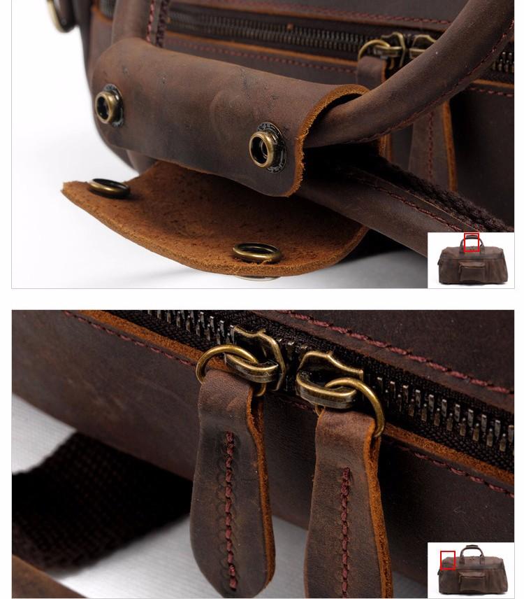 Close-up of a brown leather bag with stitching and hardware details on a white background.