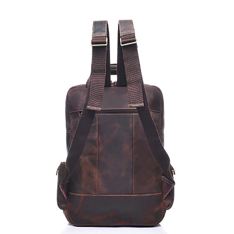 Brown leather backpack, back view on a white background