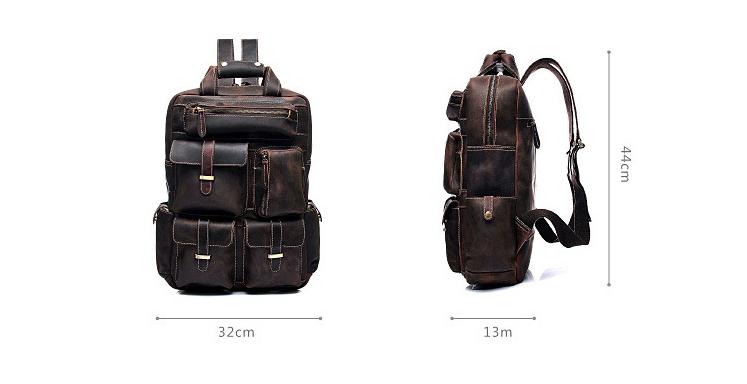 Brown leather backpack shown from front and side views with dimensions indicated.