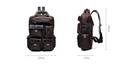 Brown leather backpack shown from front and side views with dimensions indicated.