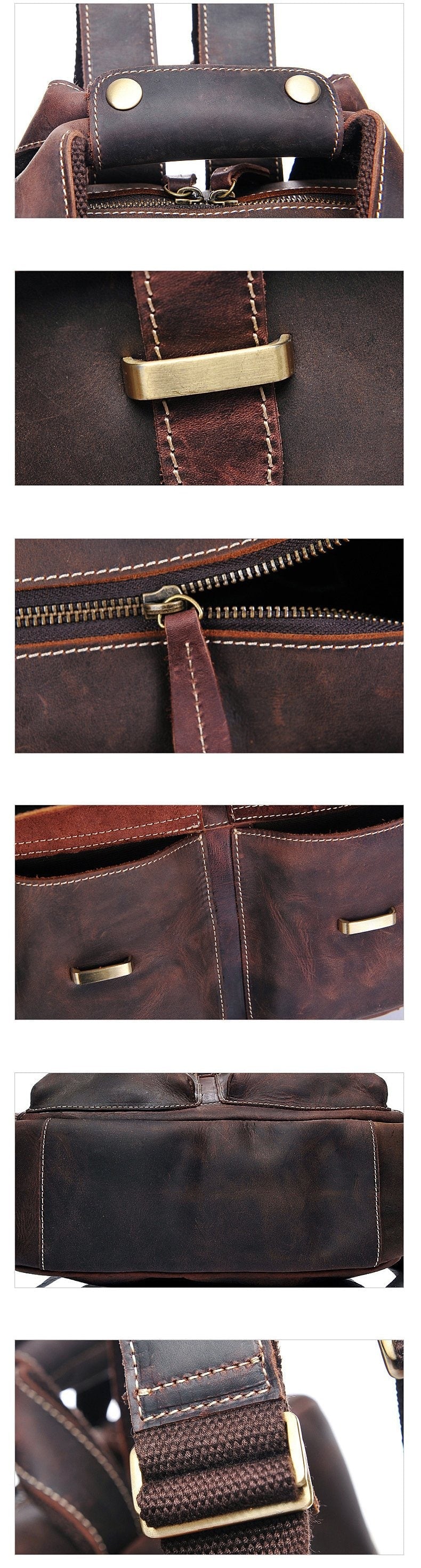 Brown leather bag 6 images, showing a close up of the hardware shown from multiple angles.