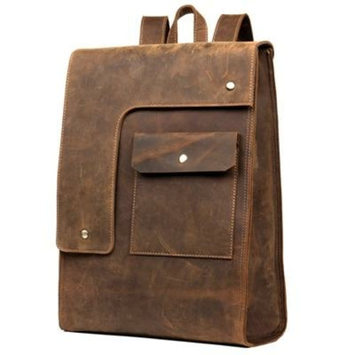 Brown leather backpack with two front pockets on a white background