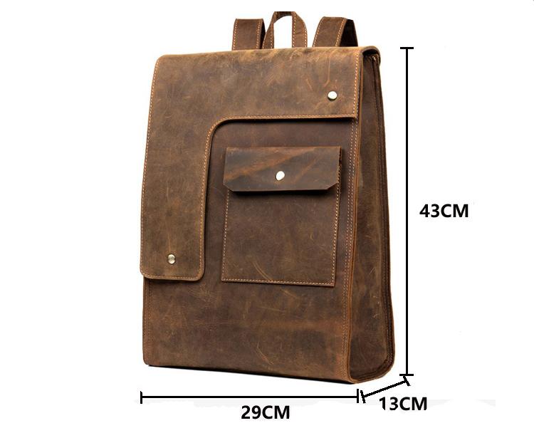 Brown leather backpack with dimensions on a white background