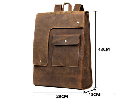 Brown leather backpack with dimensions on a white background