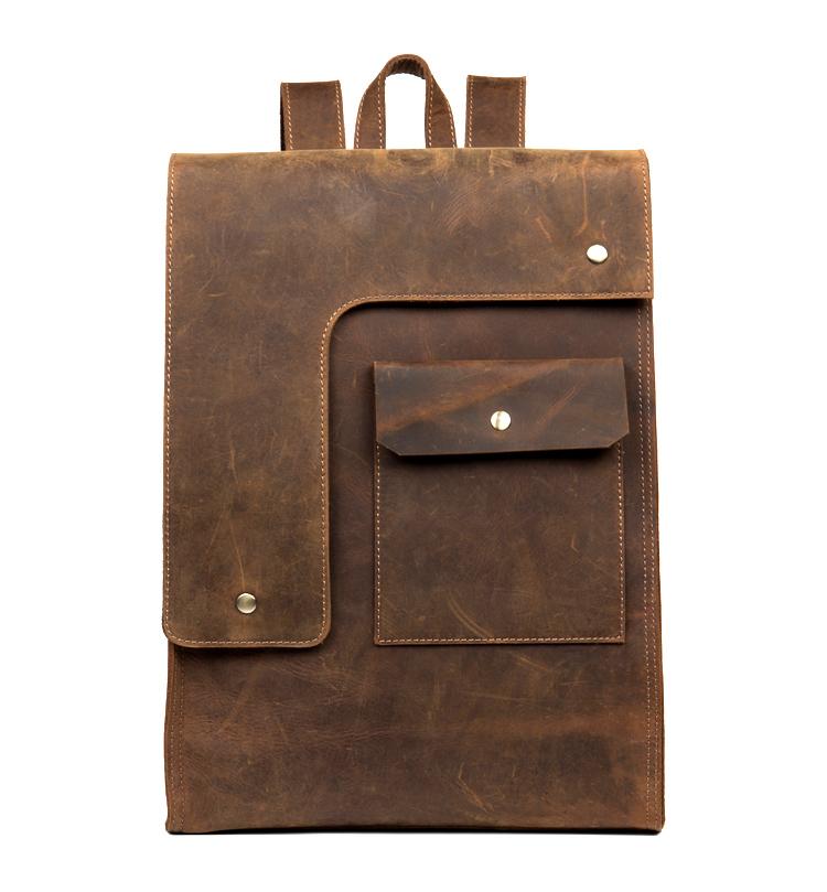 Brown leather backpack with a front pocket on a white background
