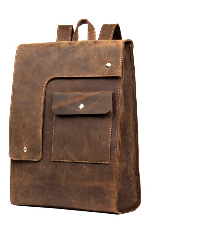 Brown leather backpack with a front pocket on a white background
