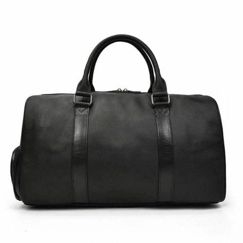 Black leather duffel bag on a white background