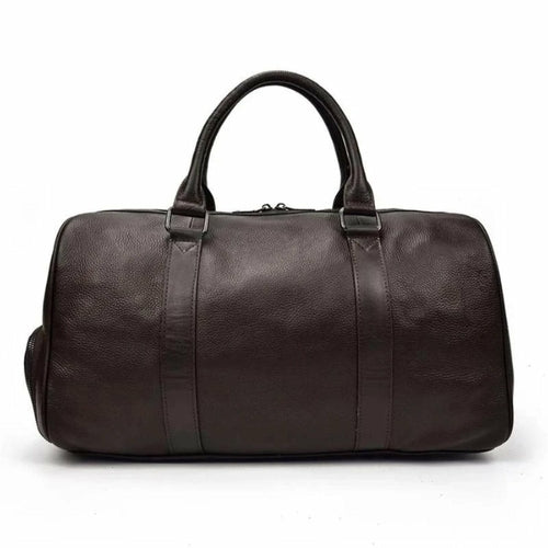 Brown leather duffel bag on a white background