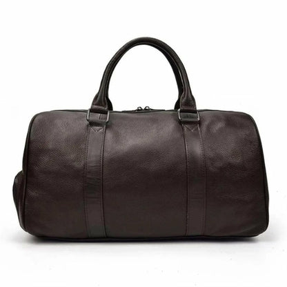 Brown leather duffel bag on a white background