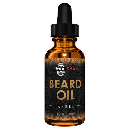 Bottle of Beard Guru Rebel beard oil on a white background
