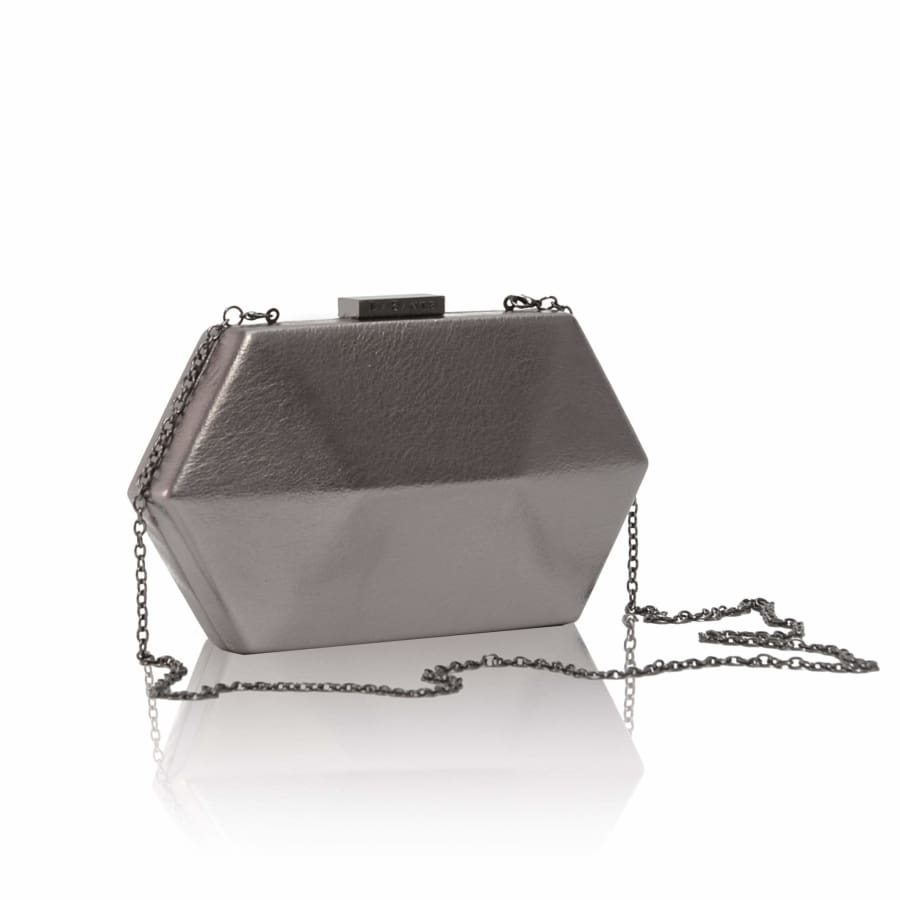 Geometric silver clutch bag with chain strap on a white background