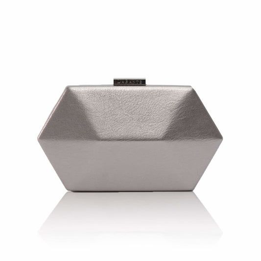 Geometric silver clutch bag on a white background