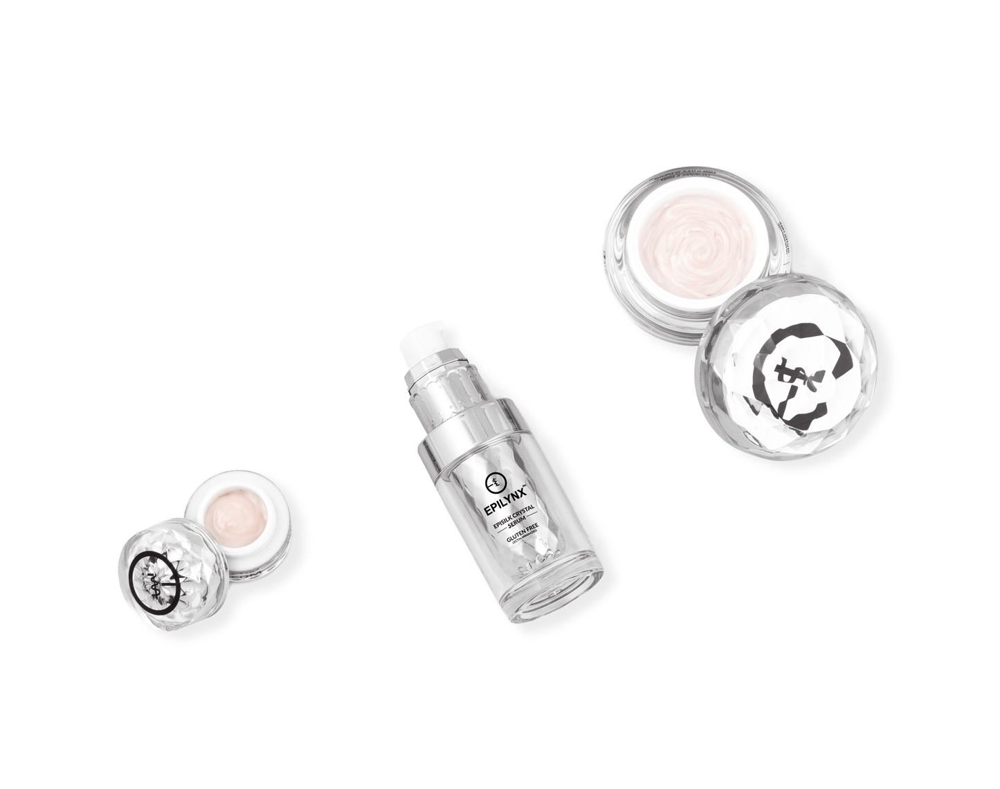 Dr Liia EpiLynx Skincare products including a bottle and two jars on a white background