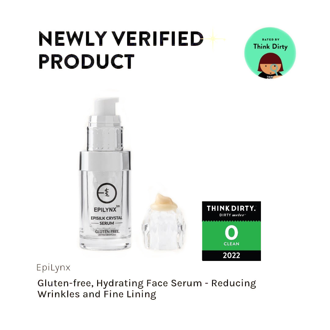 EpiLynx gluten-free, hydrating face serum with Think Dirty certification on a white background