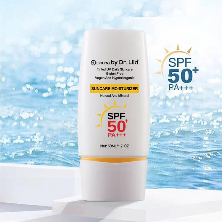 Epilynx by Dr. Liia Sunscreen bottle with SPF 50+ label against a beach background
