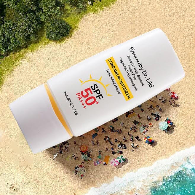 Dr. Liia Sunscreen bottle with SPF 50+ on a beach scene
