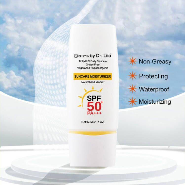 Dr. Liia Sunscreen bottle with SPF 50+ on a blue-sky background