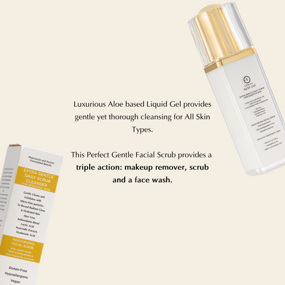 EpiLynx by Dr. Liia Extra Gentle Daily Scrub — Hyaluronic Acid, Aloe Vera & Biodegradable Jojoba Beads for Sensitive Skin with packaging on a beige background
