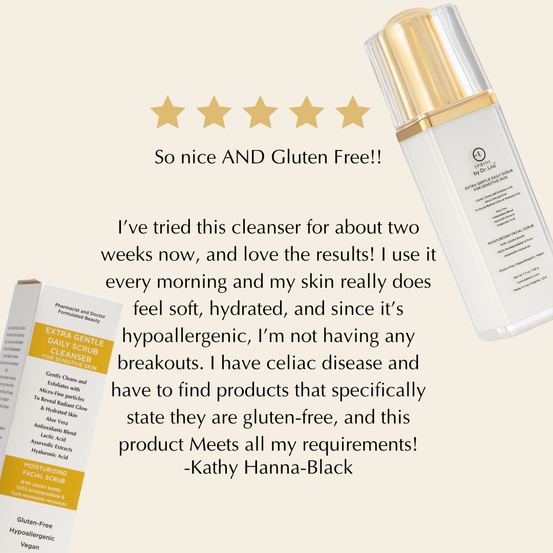 EpiLynx by Dr. Liia Extra Gentle Daily Scrub — Hyaluronic Acid, Aloe Vera & Biodegradable Jojoba Beads for Sensitive Skin product with a five-star rating and customer review on a beige background