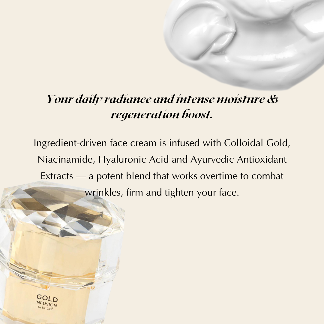 EpiLynx by Dr. Liia Gold Infusion Brightening Face Cream Cosmetic product with text about daily radiance, moisture, and regeneration boost.