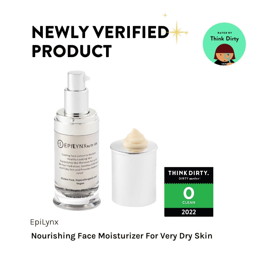 EpiLynx nourishing face moisturizer for very dry skin with Think Dirty certification on a white background.