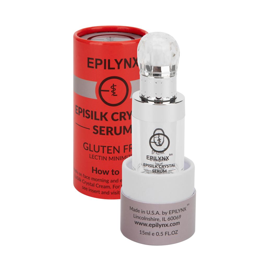 Epilynx Episilk Crystal Serum with red cylindrical container on a white background